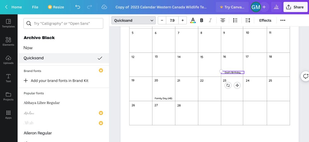 Screenshot of user detaching photo from background of Canva calendar template