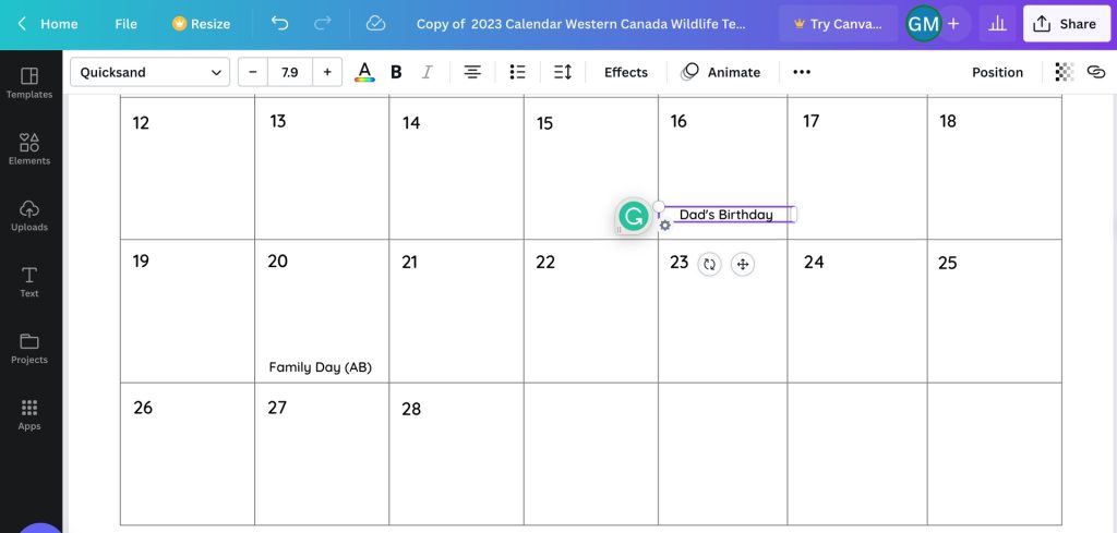 Screenshot of user adjusting dates in Little Rock Printing's Canva calendar template