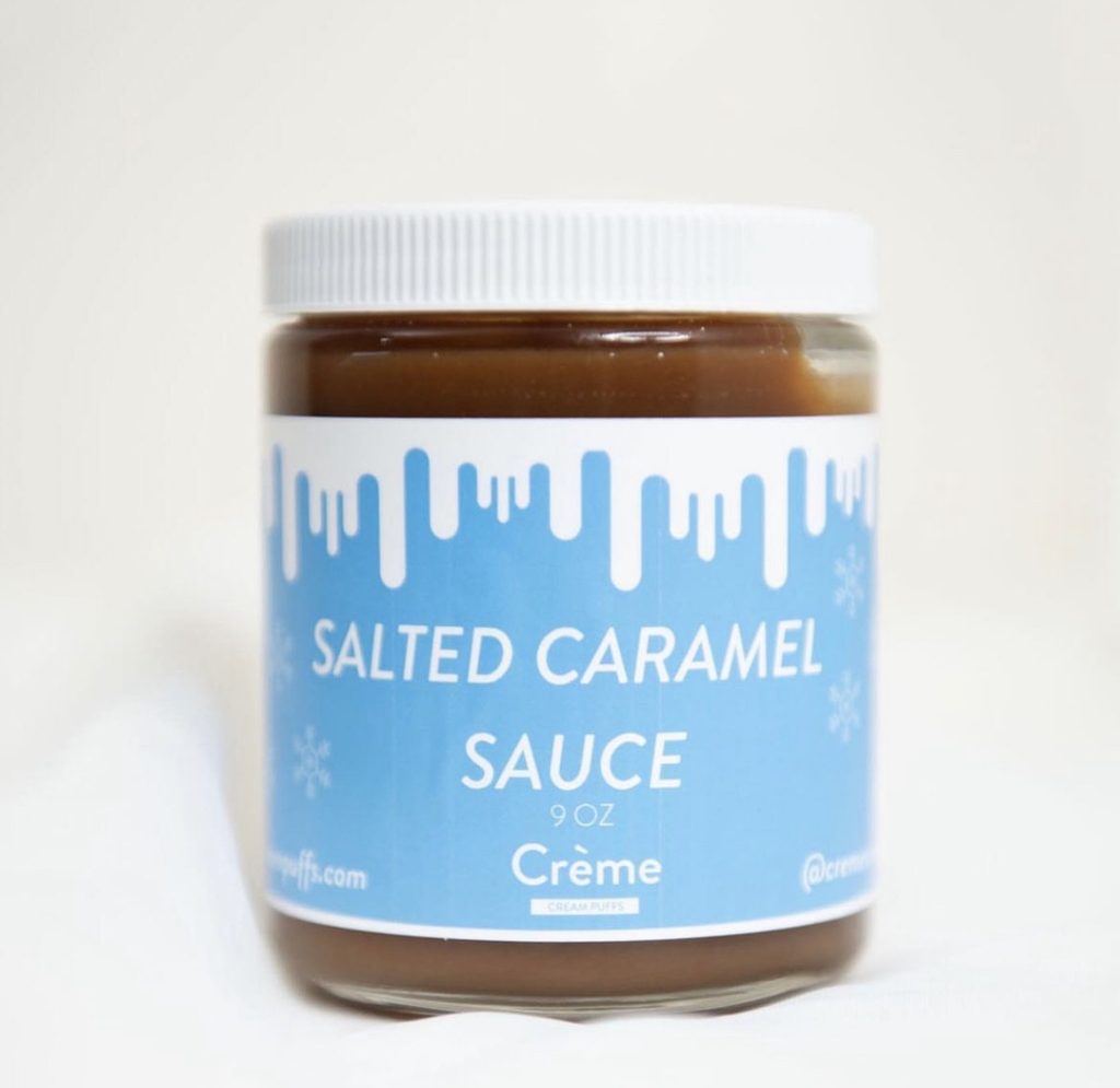 Salted caramel sauce with custom label by Crème Cream Puffs
