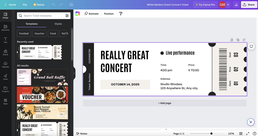 Basic event ticket template in Canva