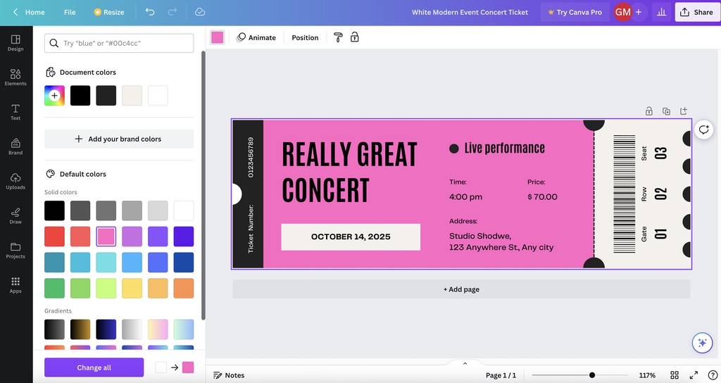 Changing the colours for an event ticket design in Canva