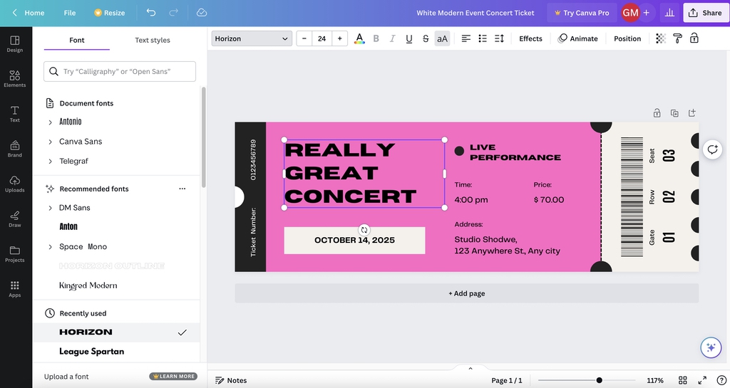 Changing the fonts for an event ticket design in Canva before printing with Little Rock