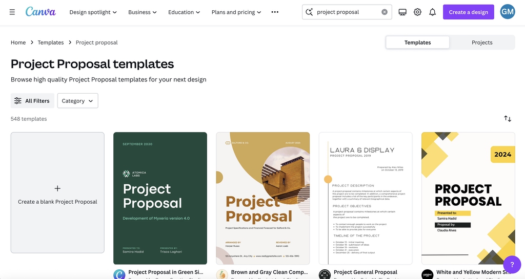 Project proposal templates available in Canva for document printing