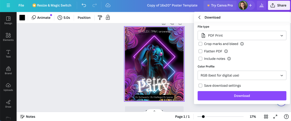 Downloading a PDF print in Canva for a custom poster design