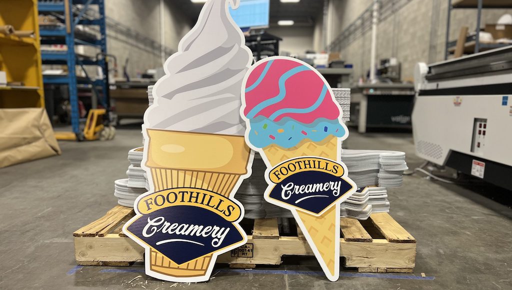 Custom-shaped coroplast signs for Foothills Creamery by Little Rock Printing