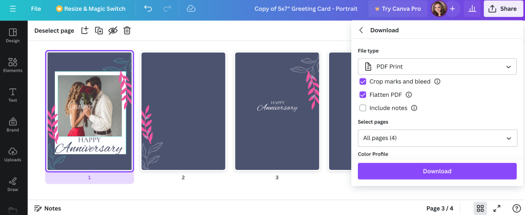 Downloading a print-friendly PDF in Canva for a custom greeting card by Little Rock Printing