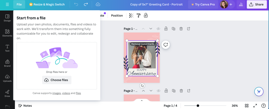 Uploading files in Canva for a custom greeting card by Little Rock Printing