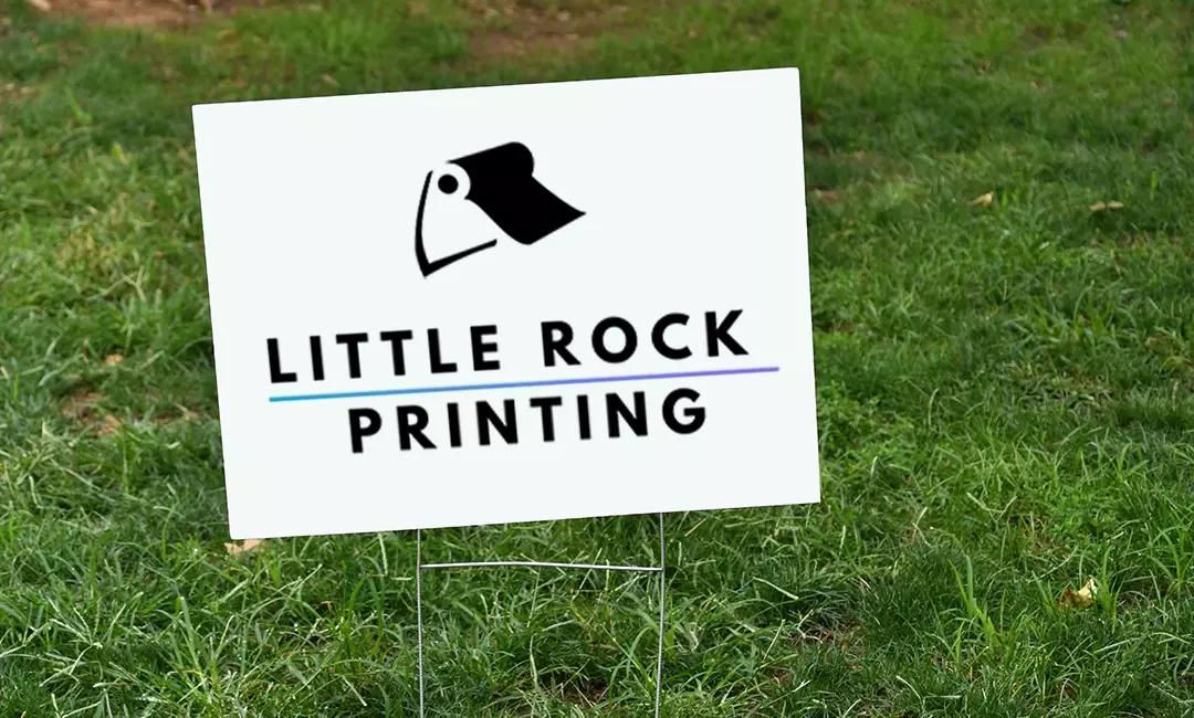 Little Rock Printing lawn sign on green grass