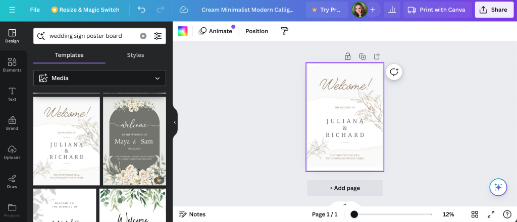 Canva's template tool for a custom wedding poster board