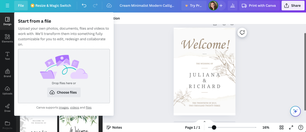 Canva's upload photo tool for a custom wedding poster board