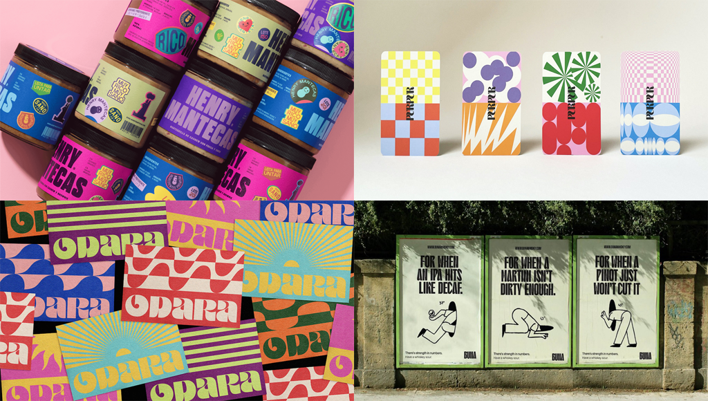 Colorful labels with sticker accents for Henry Mantecas products, geometric business card design for Purpur, bold pattern design for Odara & poster with doodle illustrations for Buna Whiskey
