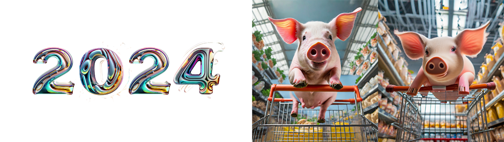 AI-generated 2024 logo with gradient colours & AI-generated flying pigs in a supermarket