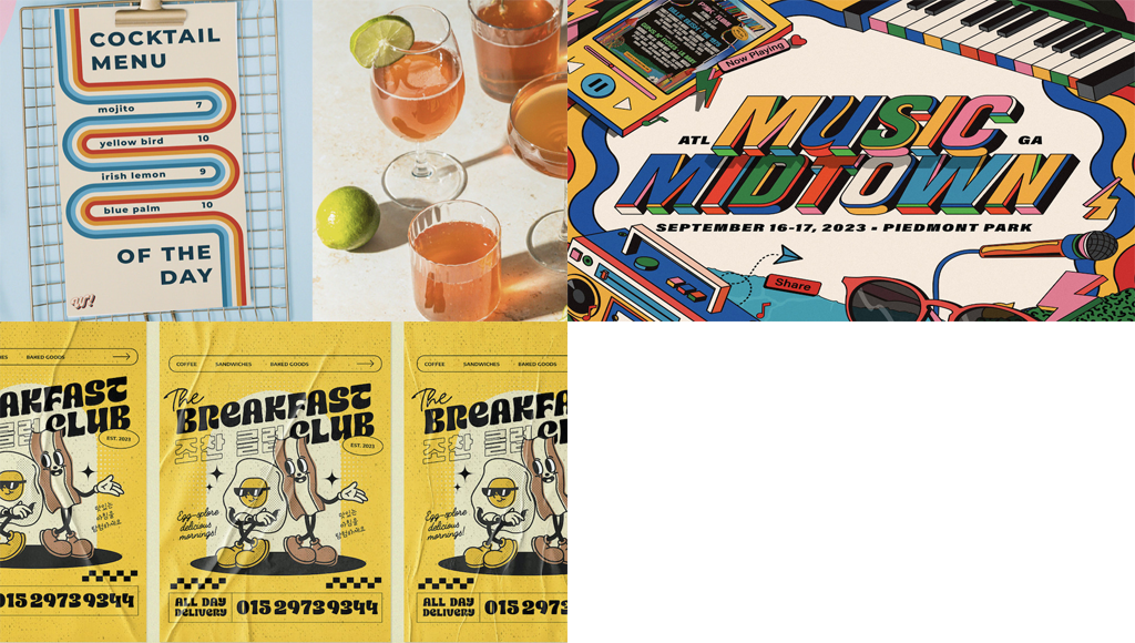 Retro cocktail menu for a restaurant, flyer for the Music Midtown event in Atlanta & retro flyer for The Breakfast Club