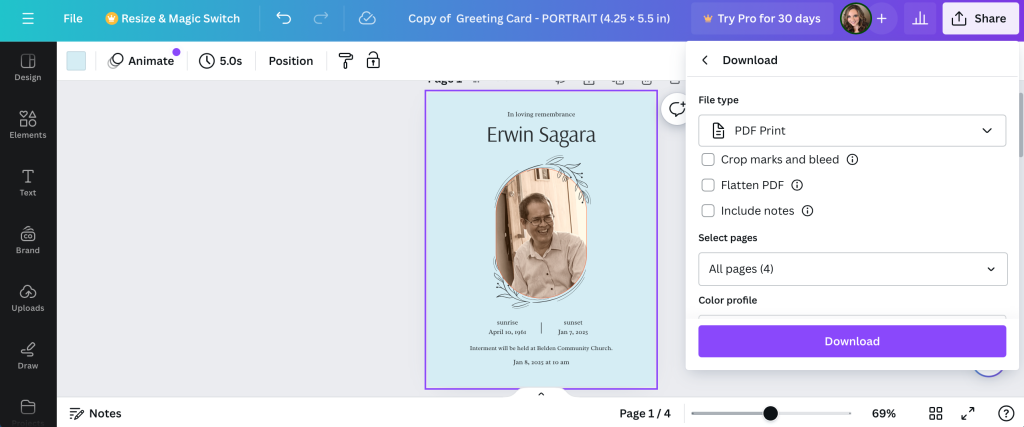 Canva's download tool for custom memorial cards