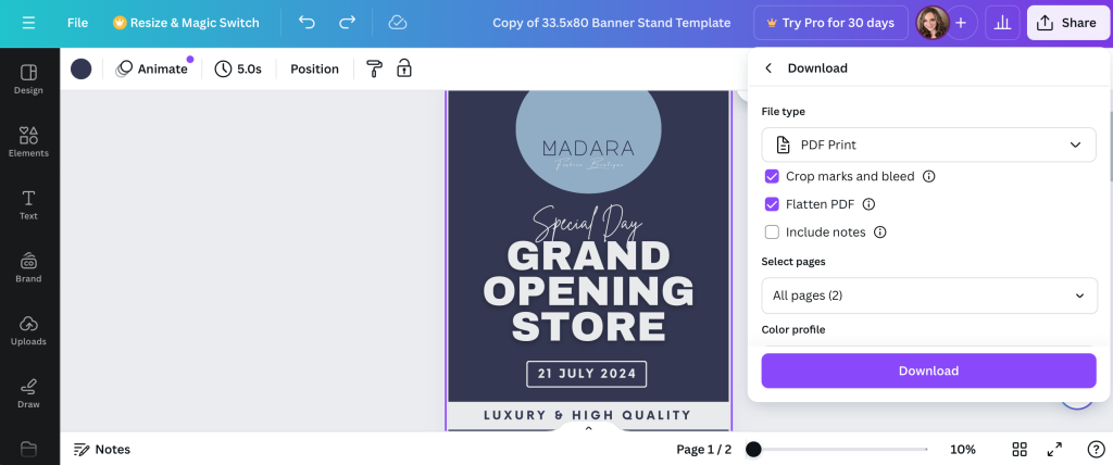 Canva's download PDF tool for designing banner stands