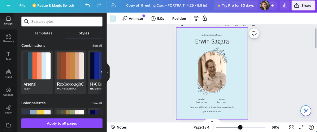 Canva's styles tool for custom memorial cards