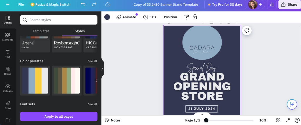 Canva's styles tool for designing banner stands