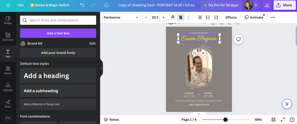 Canva's text tool for custom memorial cards