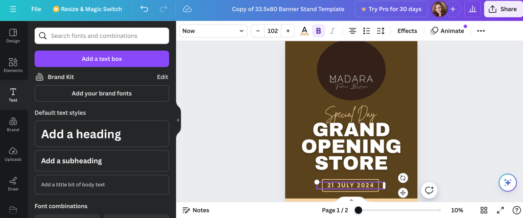 Canva's text tool for designing banner stands