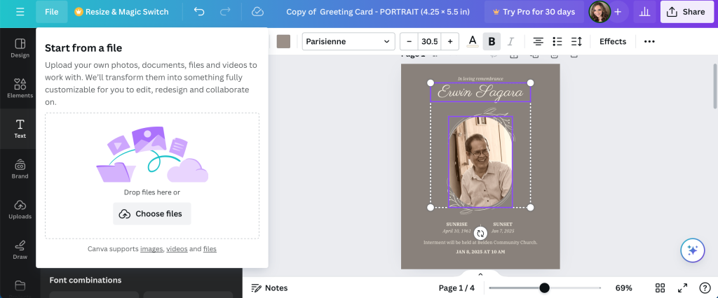 Canva's upload image tool for custom memorial cards