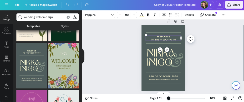 Selecting a wedding welcome sign template in Canva
