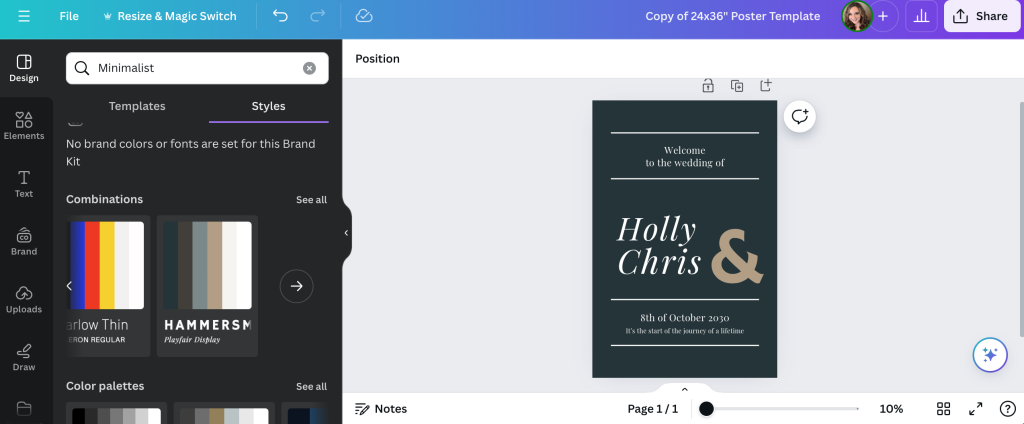 Using the styles tool in Canva for a wedding welcome sign template