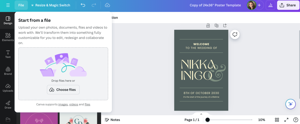 Choose files tool in Canva for wedding welcome sign template