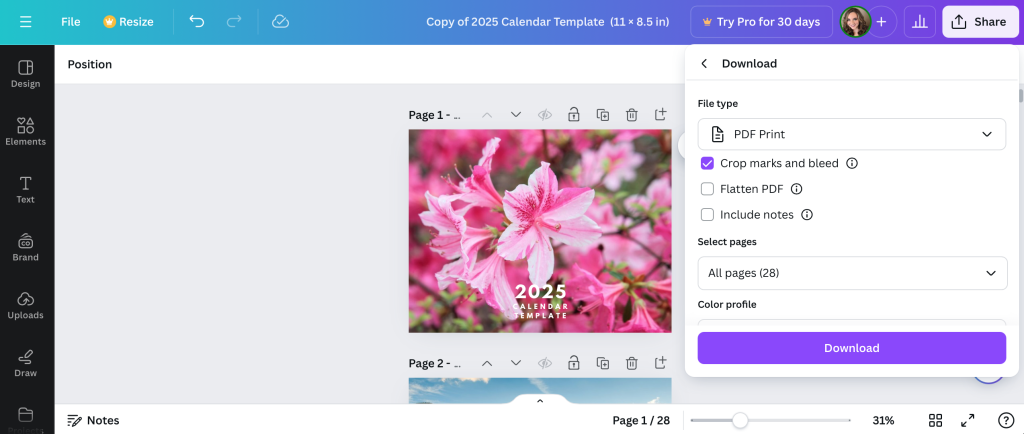 Downloading a custom calendar as a PDF Print in Canva