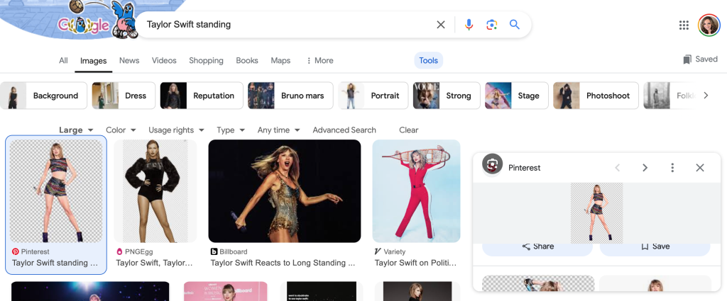 Searching for hi-res images of Taylor Swift on Google.com.