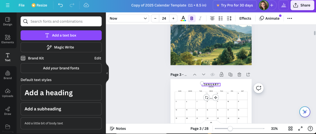 Replacing text on a custom calendar in Canva