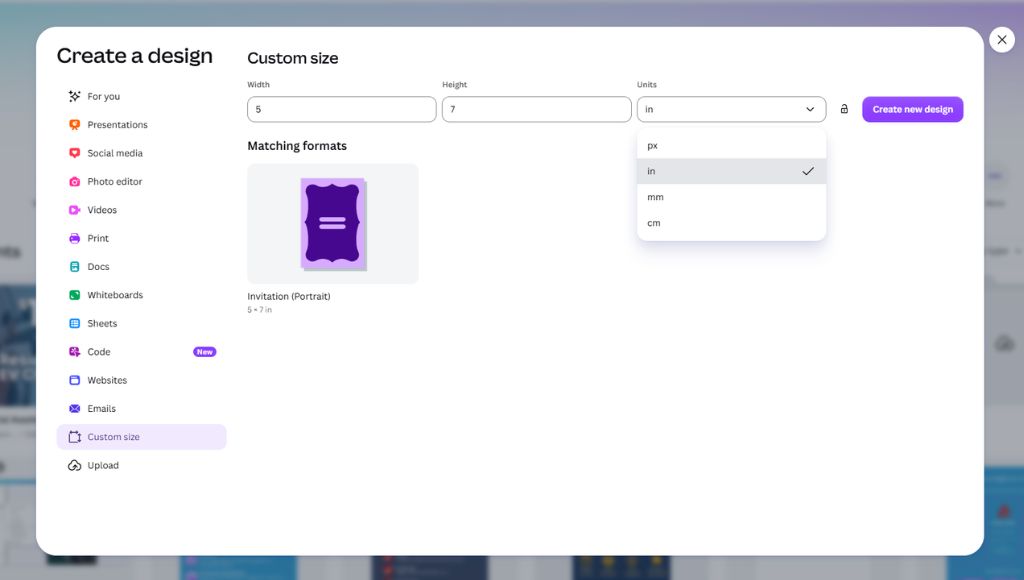 A screenshot of the Create a Design menu on Canva showing a custom size of 5x7.
