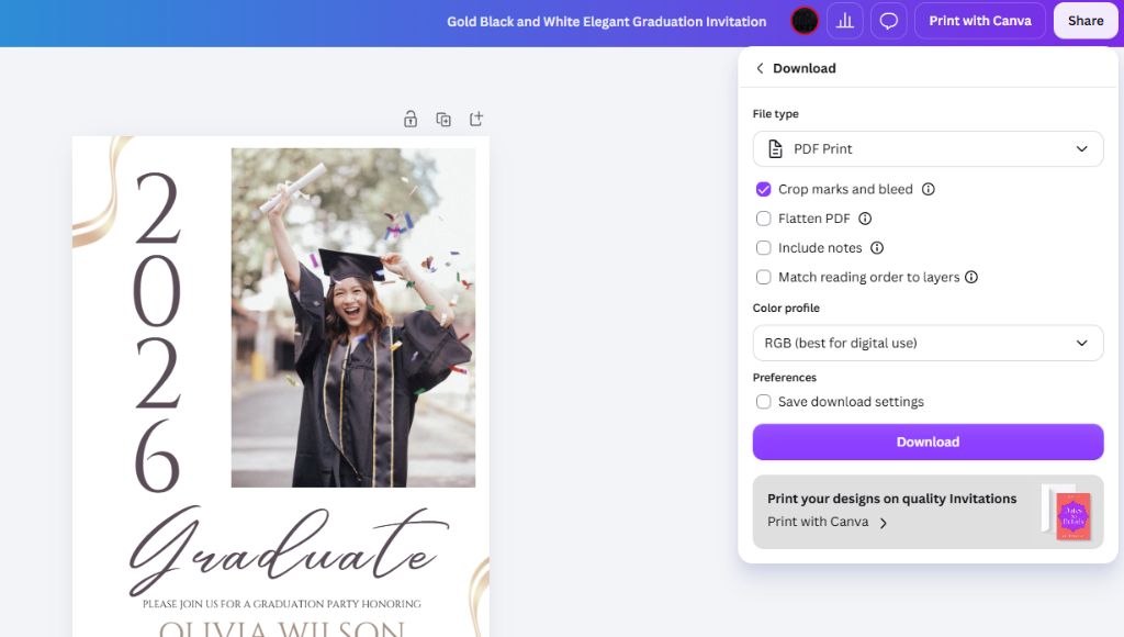 A screenshot from Canva showing how to Export a file to PDF by changing the file type to PDF Print and ensuring Crop Marks and Bleed is checked off.