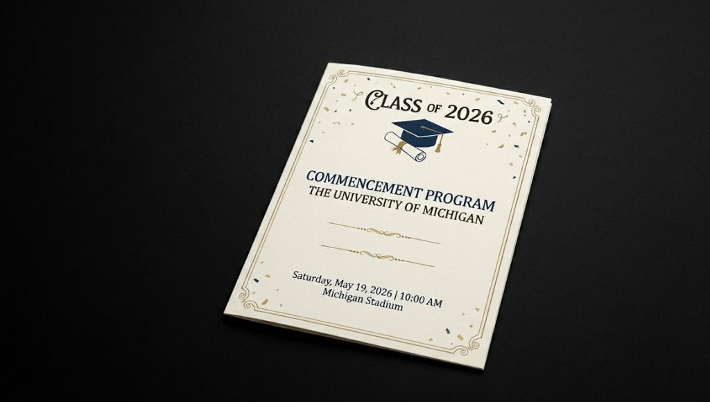 A graduation commencement program for the class of 2026, sitting on a black background.