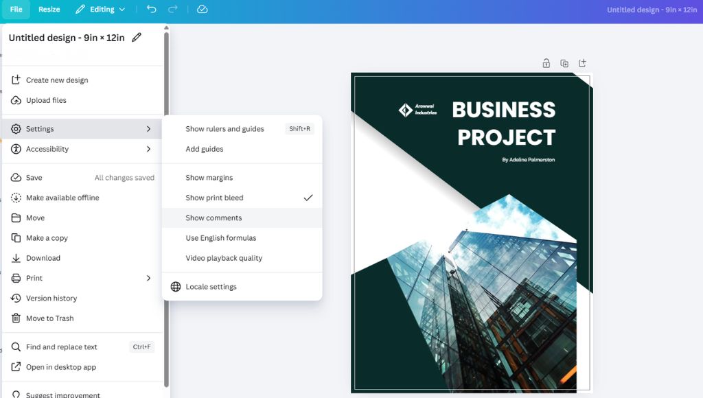 A screenshot of a Canva canvas showing a pocket folder with the path to see the bleed area shown.
