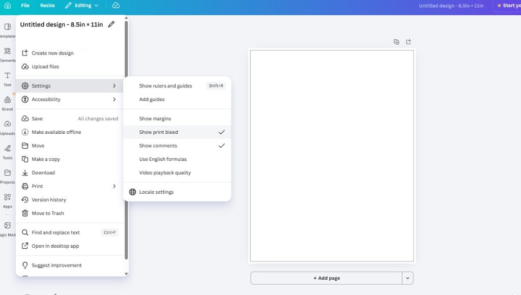 A screenshot from Canva showing how to find and set a canvas to show print bleed.