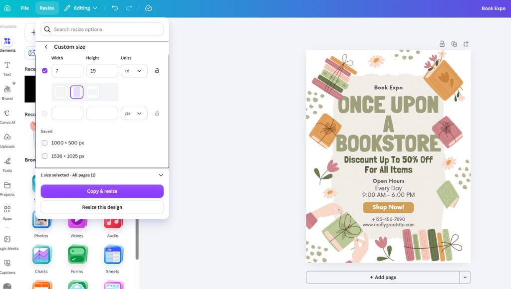 From Community Market to Calgary Expo: How One Author Built a Pro Booth (and How to Design Yours in Canva) 3 A screenshot showing how to change sizes in inches and then copy and resize with Magic Switch in Canva.