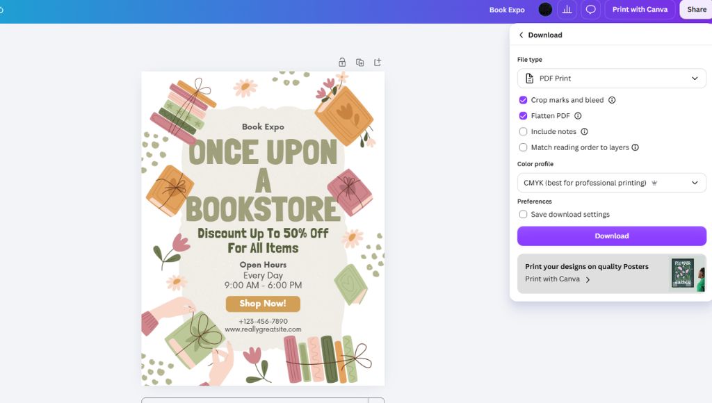 From Community Market to Calgary Expo: How One Author Built a Pro Booth (and How to Design Yours in Canva) 4 A screenshot of a Canva canvas showing how to export to PDF print with the boxes for crop marks and flatten PDF checked off.