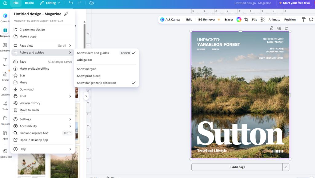 A screenshot of the File dropdown menu in Canva showing how to add guides and margins to a canvas.