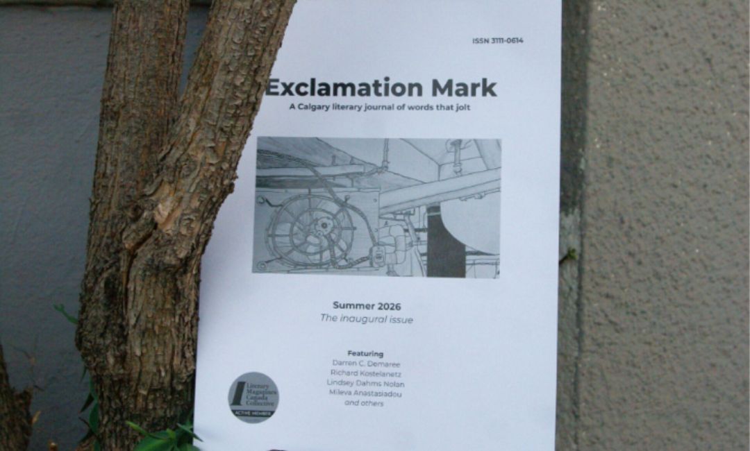 The Summer 2026 inaugural copy of Exclamation Mark literary journal sitting in a tree on a sidewalk.
