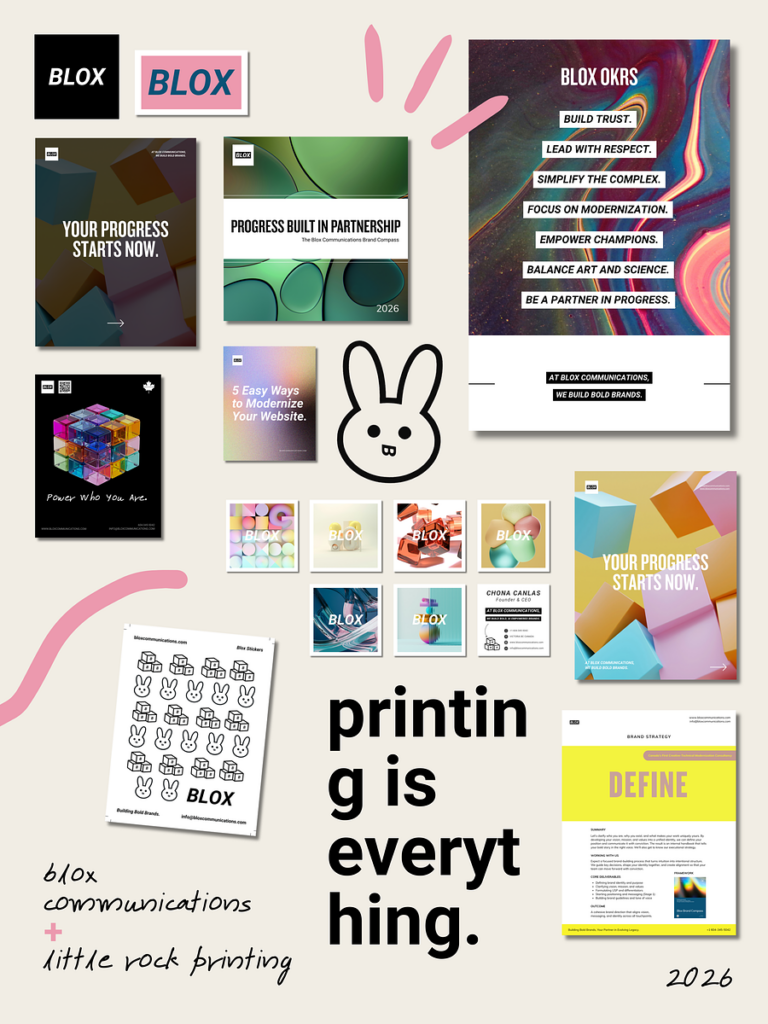 A mix of different printing materials from business cards to flyers and postcards.