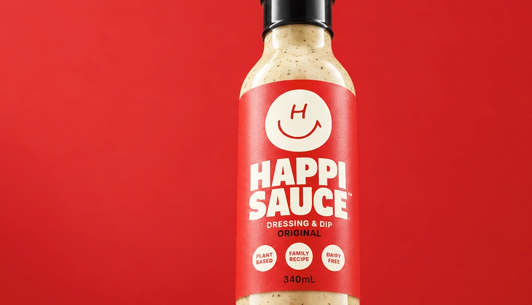 Happi Sauce Original dressing and dip bottle featuring custom product labels printed at Little Rock Printing.