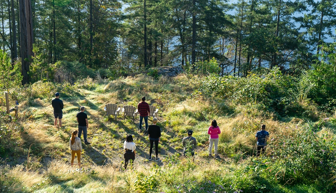 MindSpa outdoor wellness gathering in a peaceful forest setting, with promotional materials printed at Little Rock Printing.