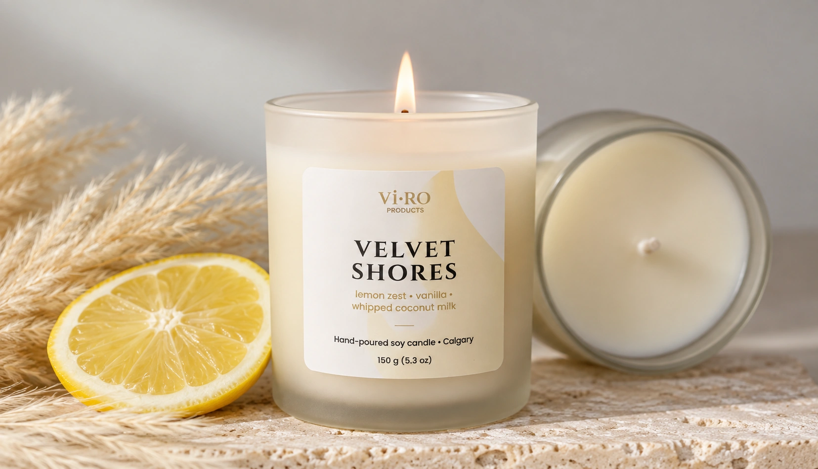 Velvent Shores candle with custom roll labels printed at Little Rock Printing