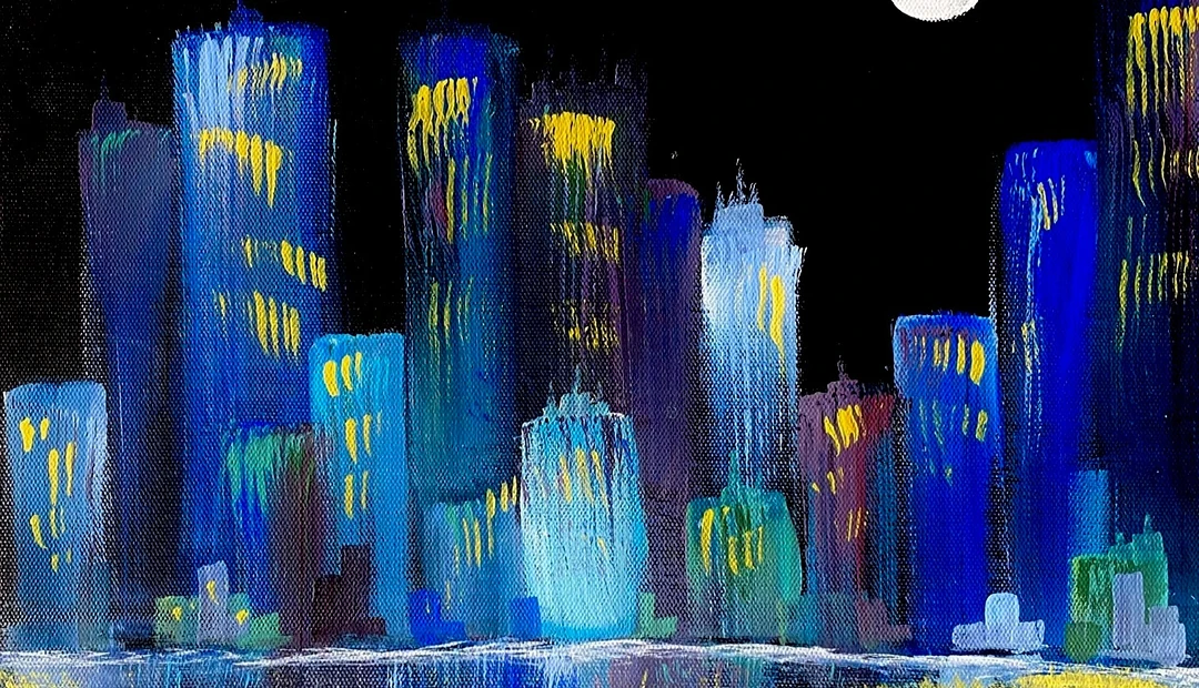 Colourful nighttime cityscape artwork with blue buildings, glowing windows and a full moon, printed at Little Rock Printing.