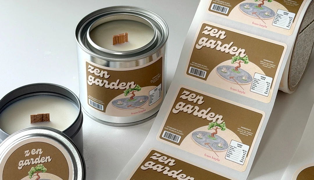 From Kayla Zen Garden candle with custom product labels and a roll of printed labels, printed at Little Rock Printing.