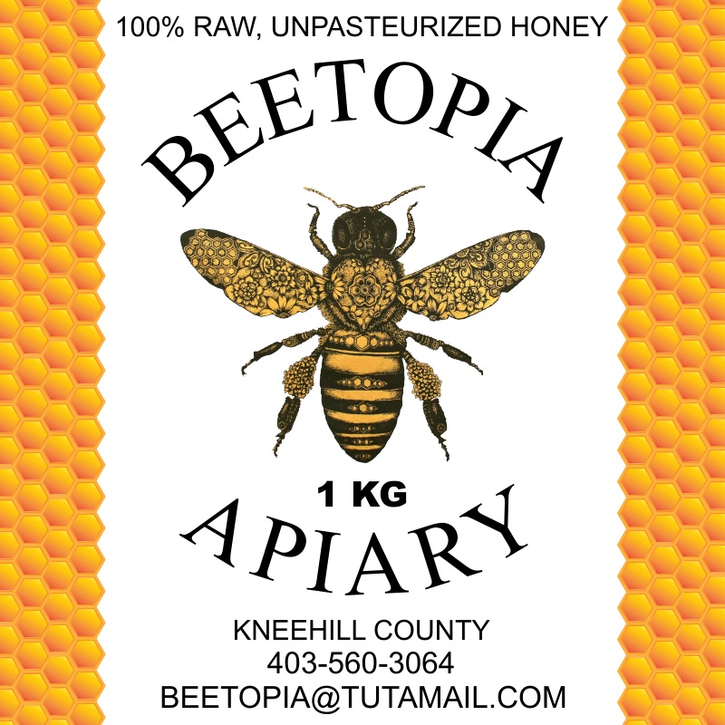 Beetopia Apiary 34 Beetopia Apiary 1 KG raw, unpasteurized honey label featuring a detailed bee illustration and honeycomb design, printed at Little Rock Printing.