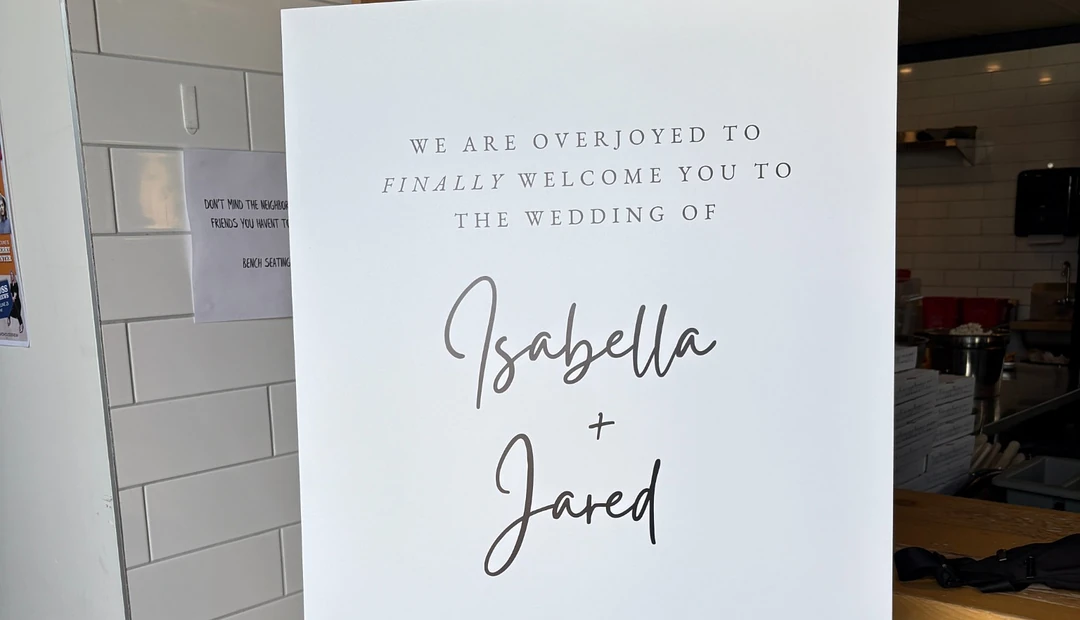 Custom Isabella and Jared wedding welcome sign at Two House Brewing, printed at Little Rock Printing.