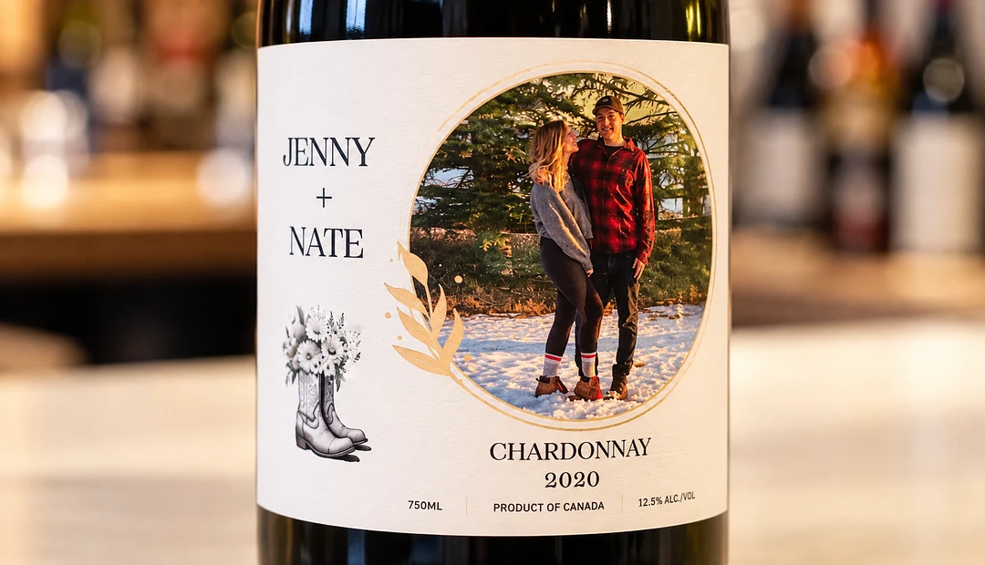Custom Jenny + Nate Chardonnay 2020 wine bottle label featuring a personal photo, printed at Little Rock Printing.