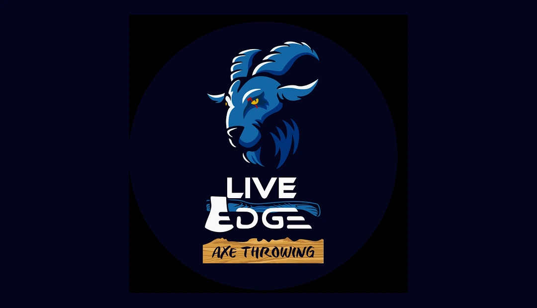 Live Edge Axe Throwing circular logo featuring a blue goat and axe graphic, printed at Little Rock Printing
