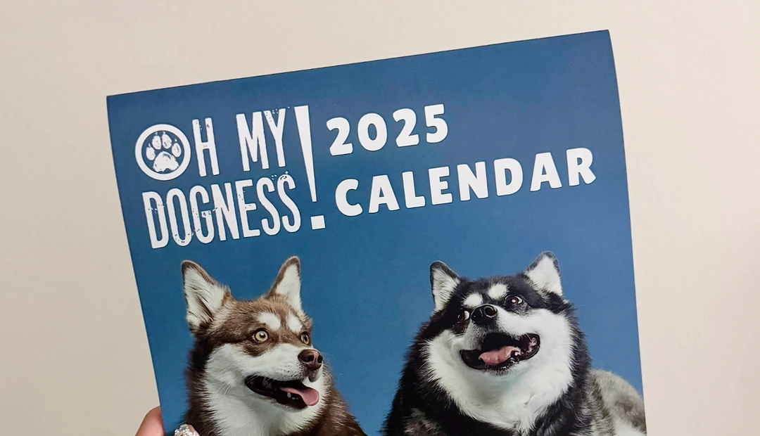 Oh My Dogness 2025 calendar featuring two huskies on the cover, printed at Little Rock Printing.